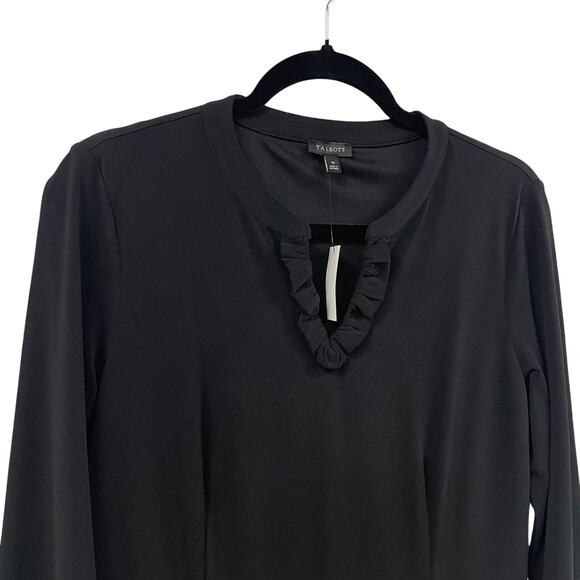 NWT Talbots Ruffle Split Neck Black Knee Length Stretch Dress Womens Medium - Picture 3 of 6